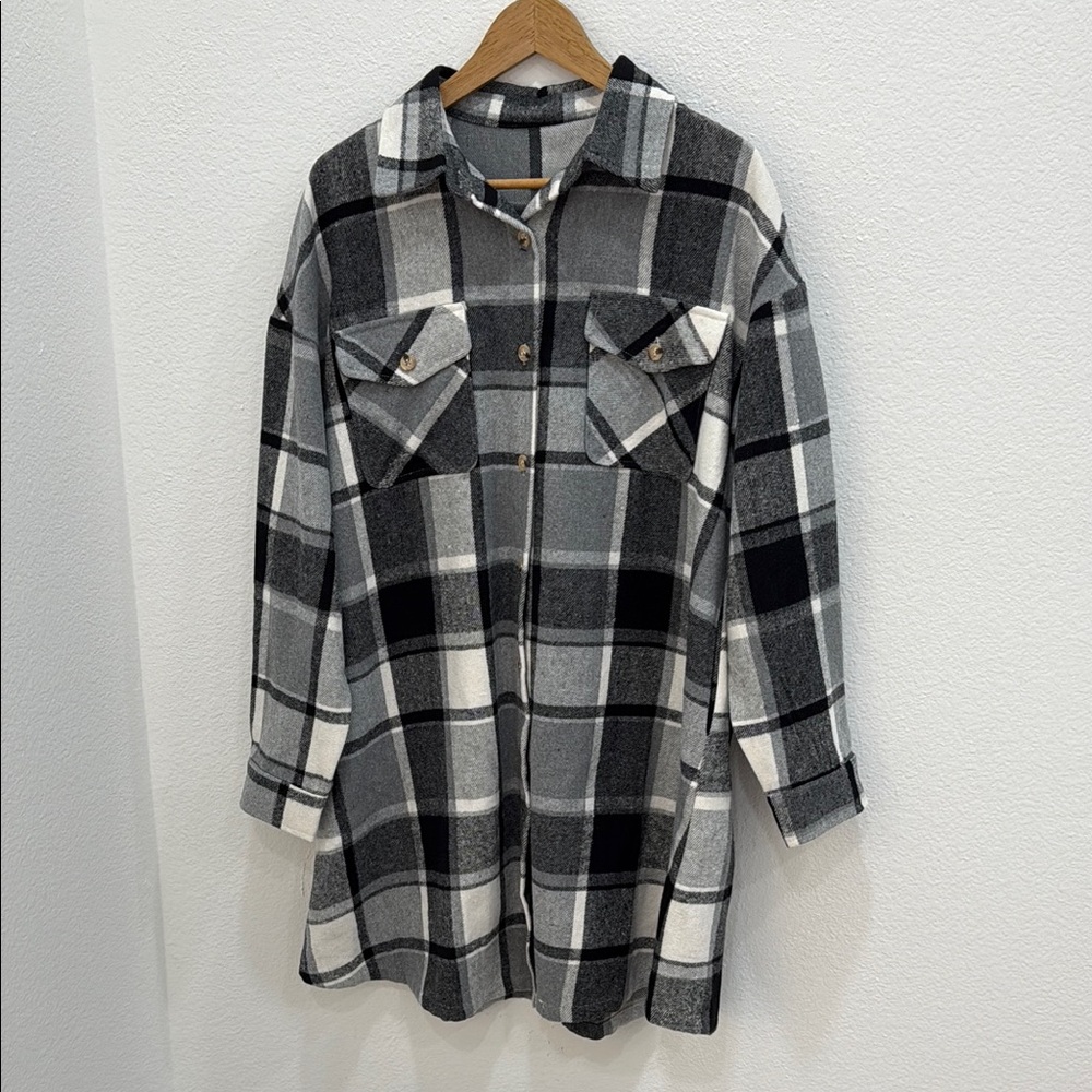 Plaid Button-Up Shirt Dress w/Pockets XL